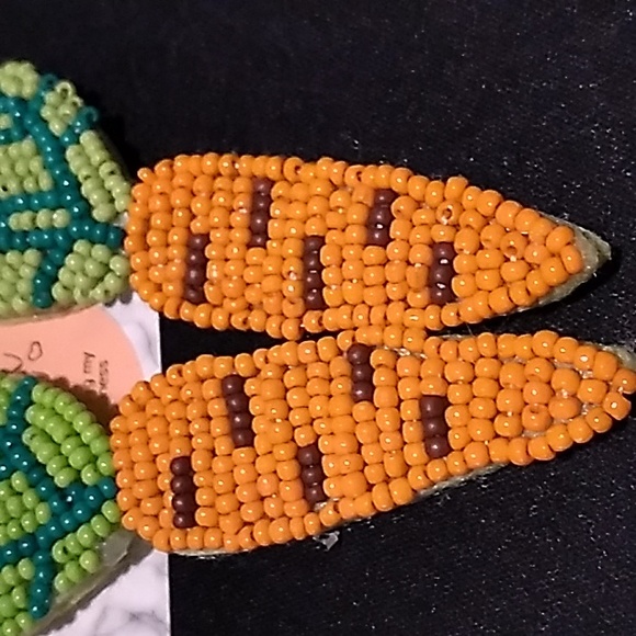 Easter beaded Earrings hypoallergenic carrots green & orange 3 x 3/4 inches - Picture 4 of 5